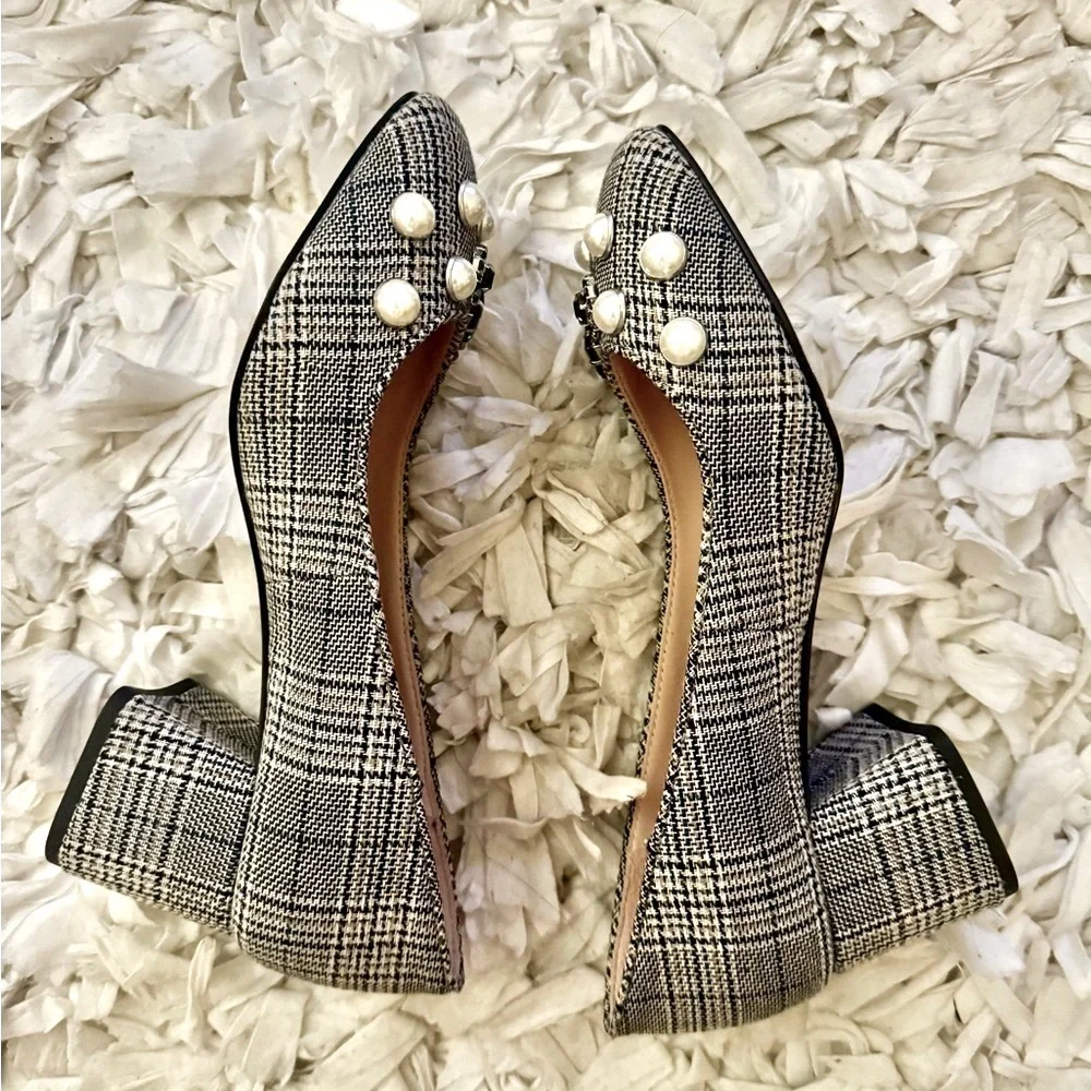 New J. CREW Embellished Jewel Plaid Houndstooth Print  block heel